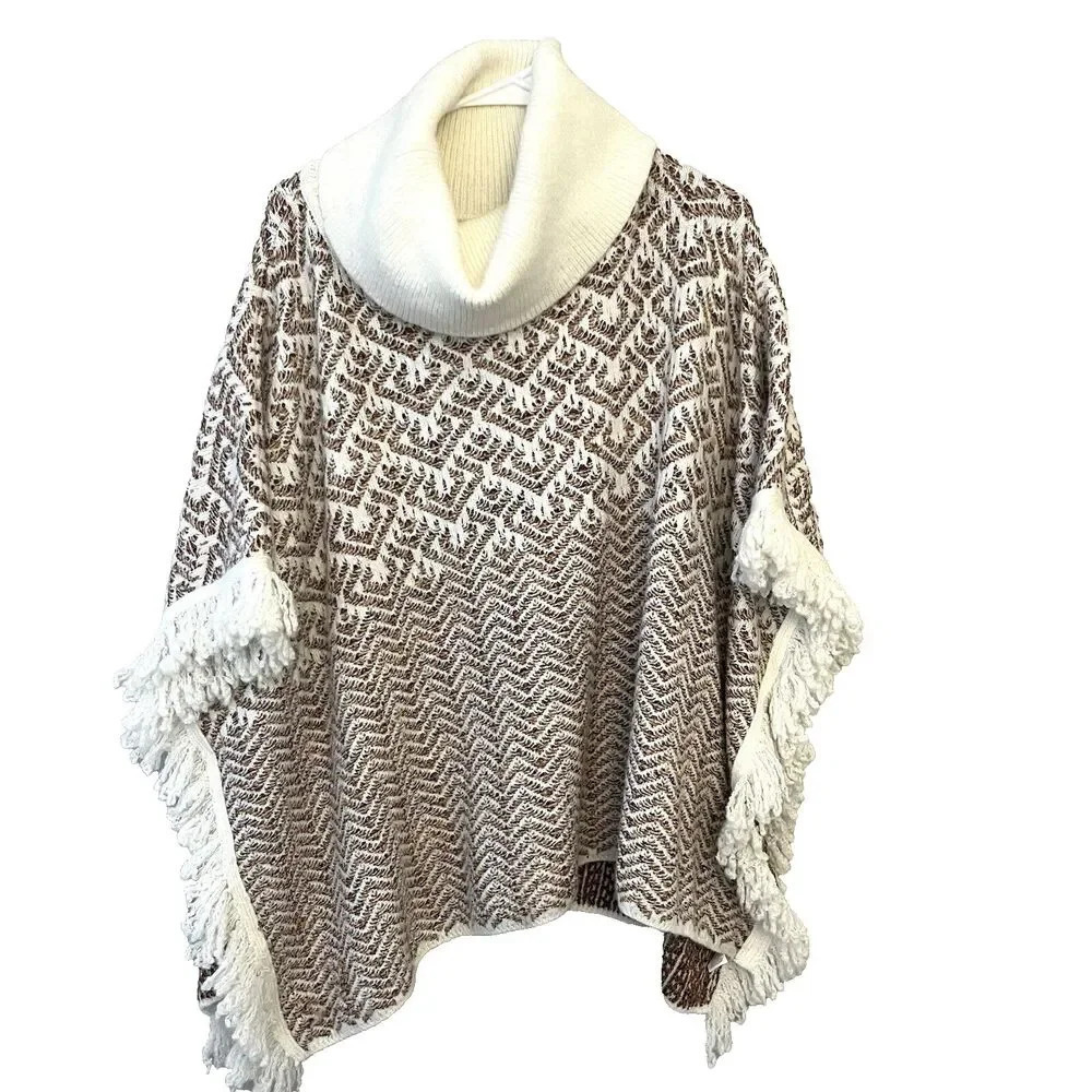 World Market Ivory Knit Poncho Cream Fringe Boho Womens One Size Money Luxury